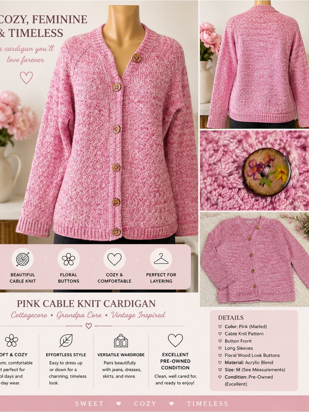 Pink Cable Knit Cardigan Sweater Floral Buttons Cottagecore Core M Cozy Layer